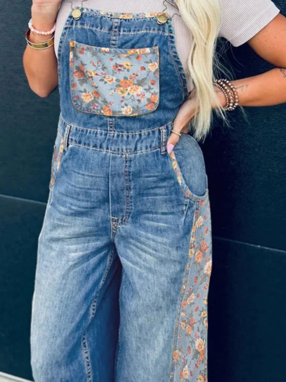 Blue Denim Floral-Accent Women's Overalls